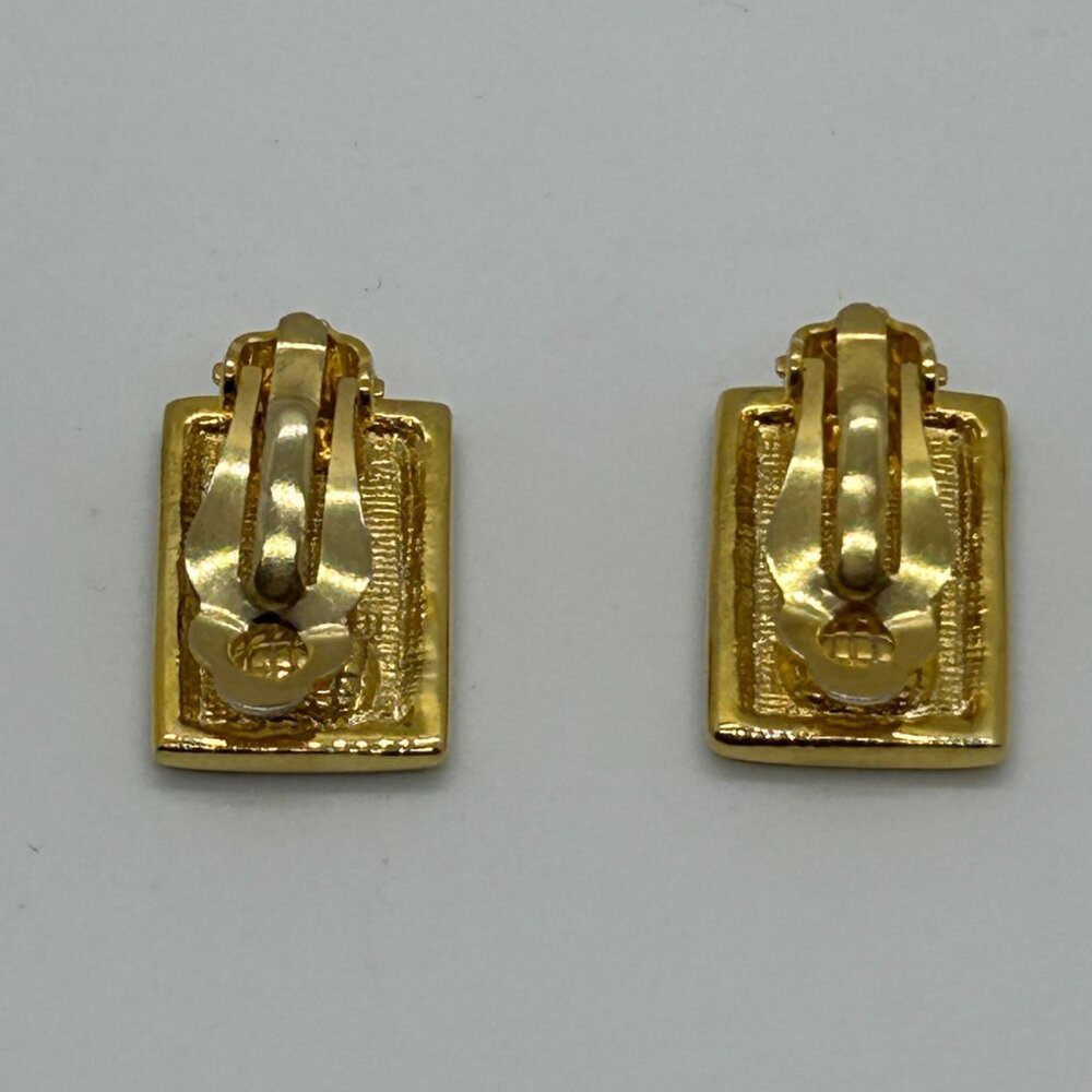 Vintage Gold & Black  Earrings Enamel Greek Key Clip-On 1980s Designer Statement - Picture 7 of 14